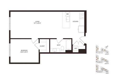 Floor plan for 1 bed, 1 bath, 744 sqft